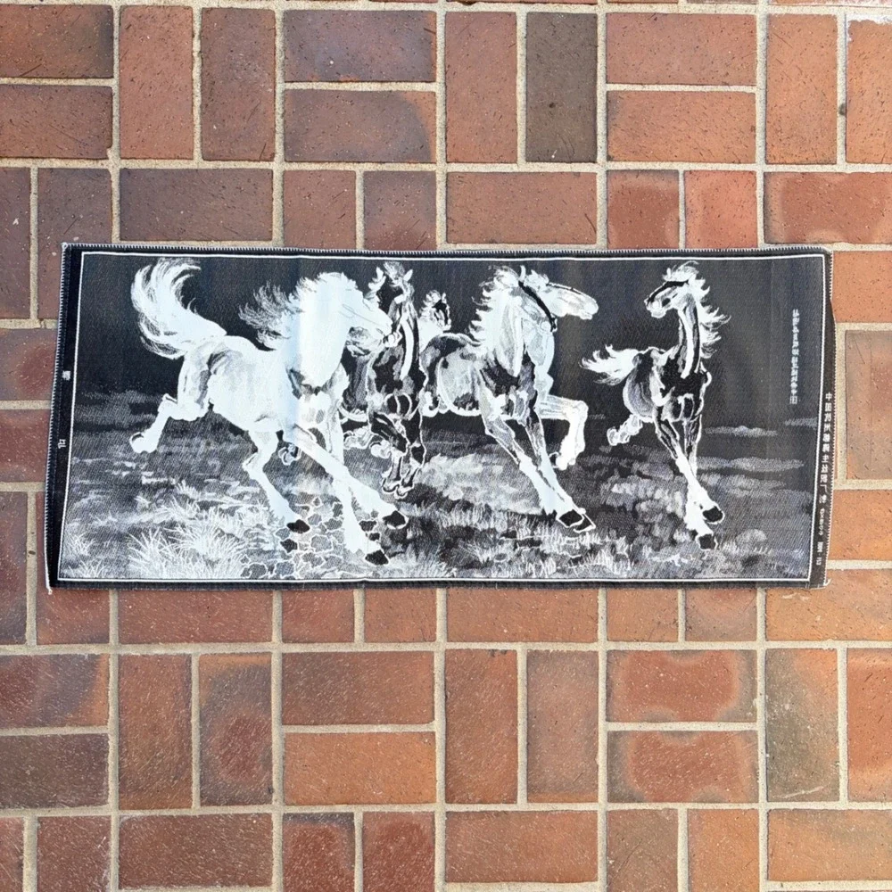 Vintage Chinese Woven Tapestry Galloping Horses Black White Wall Art 38x16